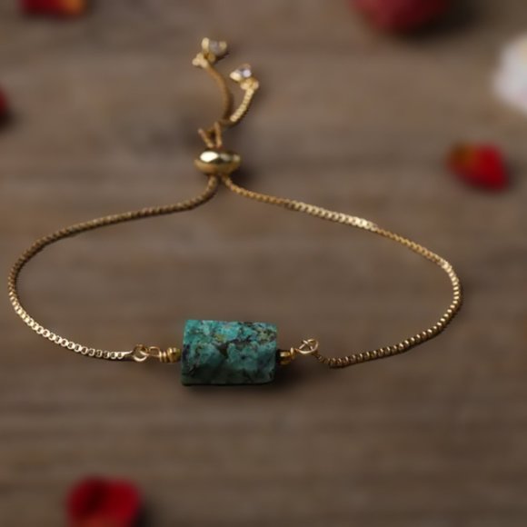 Natural Stone Teal Green Gold Drawstring Bracelet - Picture 1 of 4